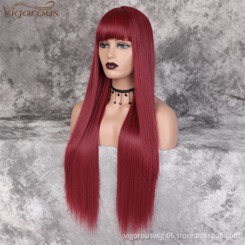 Vigorous Long Straight Wig with Bangs Wine Red Color Synthetic Hair Wigs for Women Heat Resistant Fiber Wholesale Price
